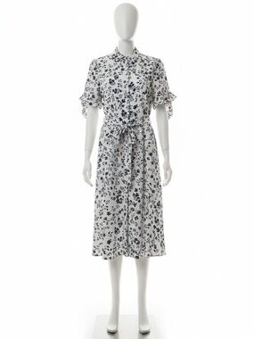 Calvin Klein White and Navy Floral Tie-Waist Midi Shirt Dress